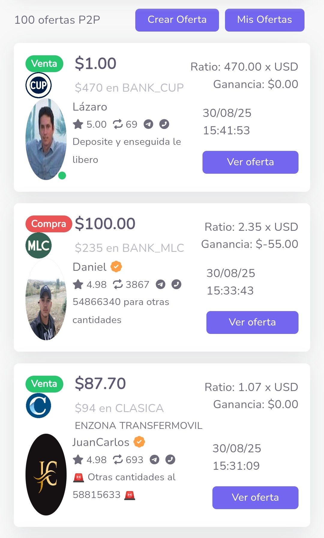 Ofertas P2P por Qvapay 